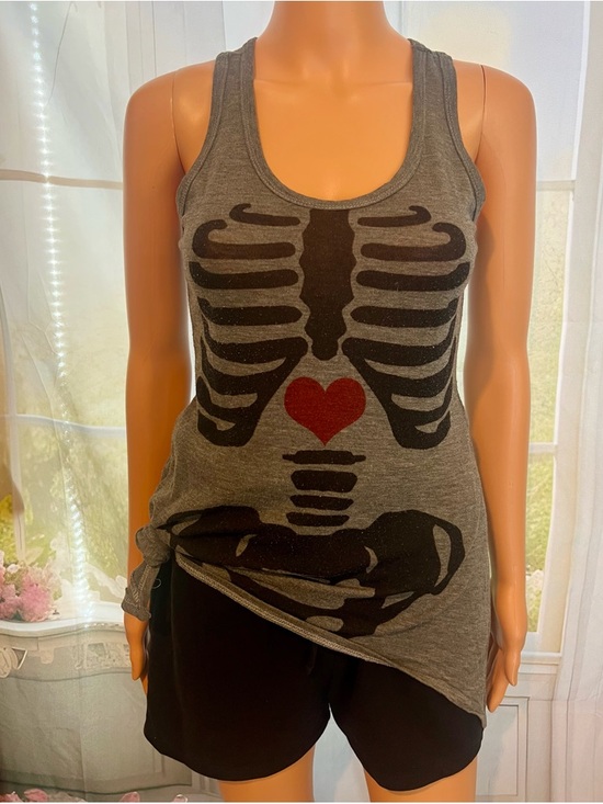 Betsey Johnson Tops - Betsey Johnson Gray Tank Top with Black Skeleton and Red Heart